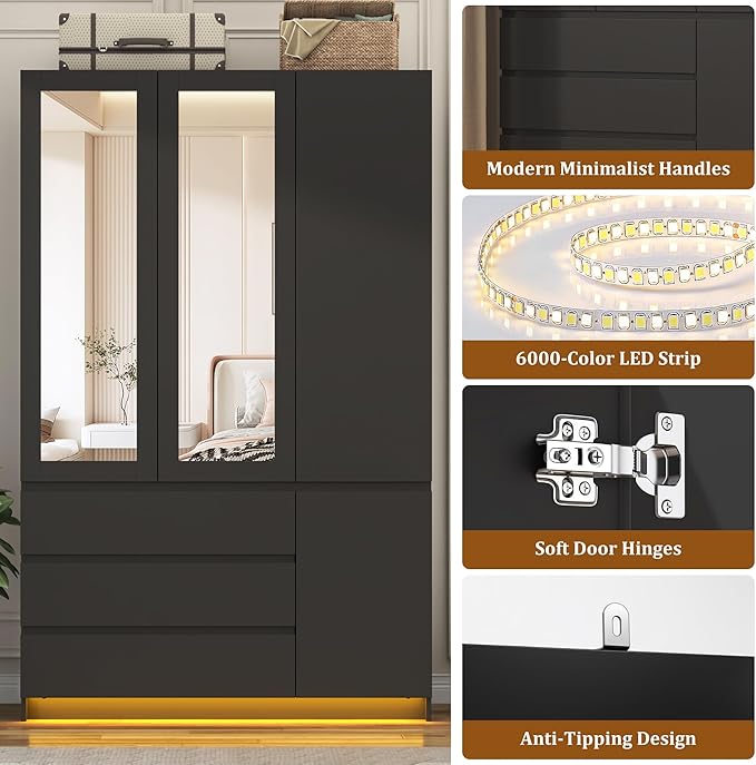 3 Doors Armoire Wooden Wardrobe Closet with 3 Drawers & 2 Mirror, 75"H Clothing Storage Cabinet with Hanging Rod,Modern Bedroom Large Freestanding Armoires with Led Lights for Bedroom,Black