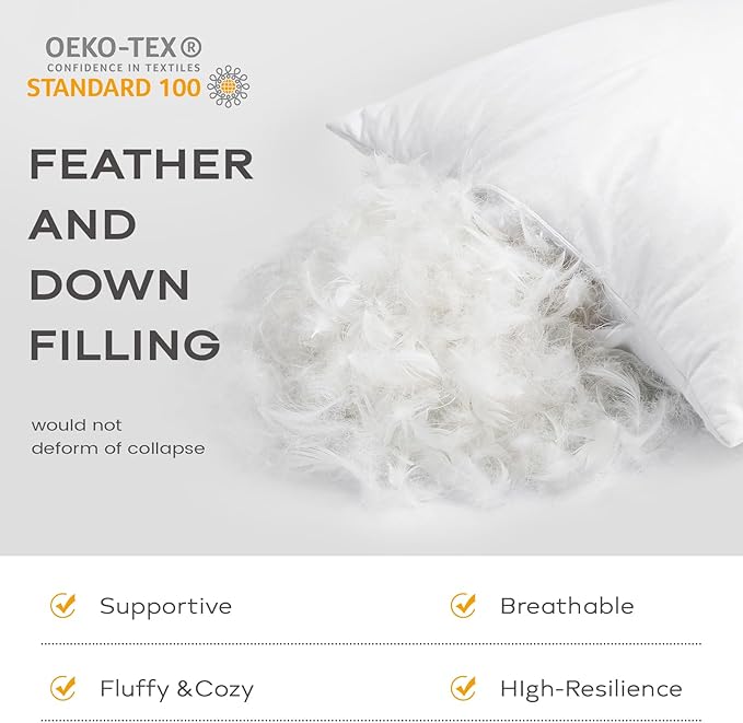 SAVORI Set of 2 Down and Feather Throw Pillow Inserts 22x22 Soft Fluffy Pillow Inserts with 100% Down-Proof Cotton Cover, Decorative Square Cushion Inner for Sofa Couch Bed-White