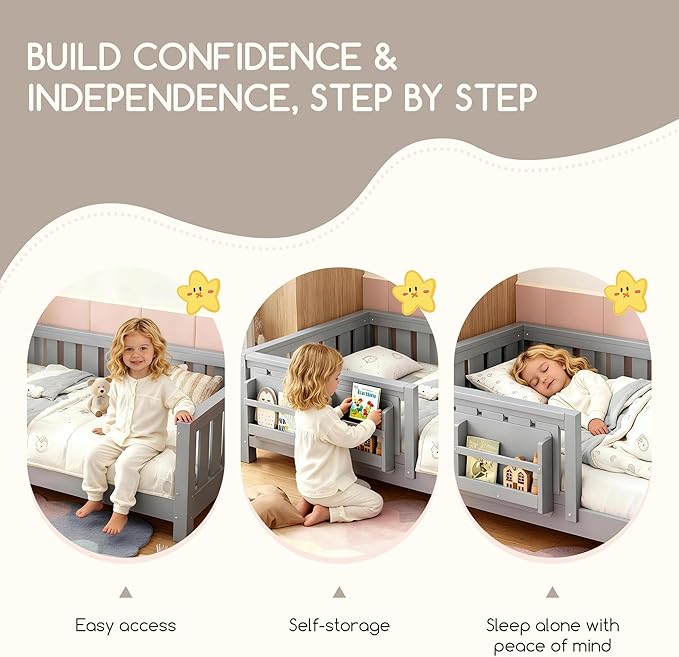 Bellemave Queen Floor Bed Frame with Fence & Bookshelf, Solid Pinewood Montessori Floor Bed Frame Queen with Slats Load 550LBS, Low Floor Bed for Kids, Bedroom, Nursery, Easy Assembly, Grey