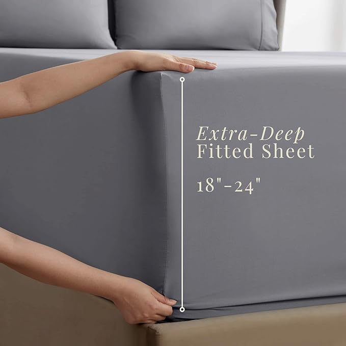 Hearth & Harbor Bed Sheets, Luxury Soft 6 Piece Bed Sheet Set Extra Deep Pocket Fitted Sheets Fits Mattress up to 21", Double Brushed Bedding Sheets & Pillowcases, King, Frost Gray