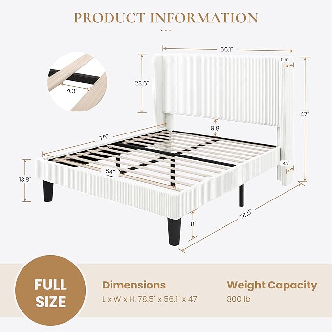 SHA CERLIN Full Size Corduroy Upholstered Platform Bed Frame with Vertical Channel Tufted Wingback Headboard, 8" Under Bed Storage, Wooden Slats & Metal Frame Support, Easy Assembly, White