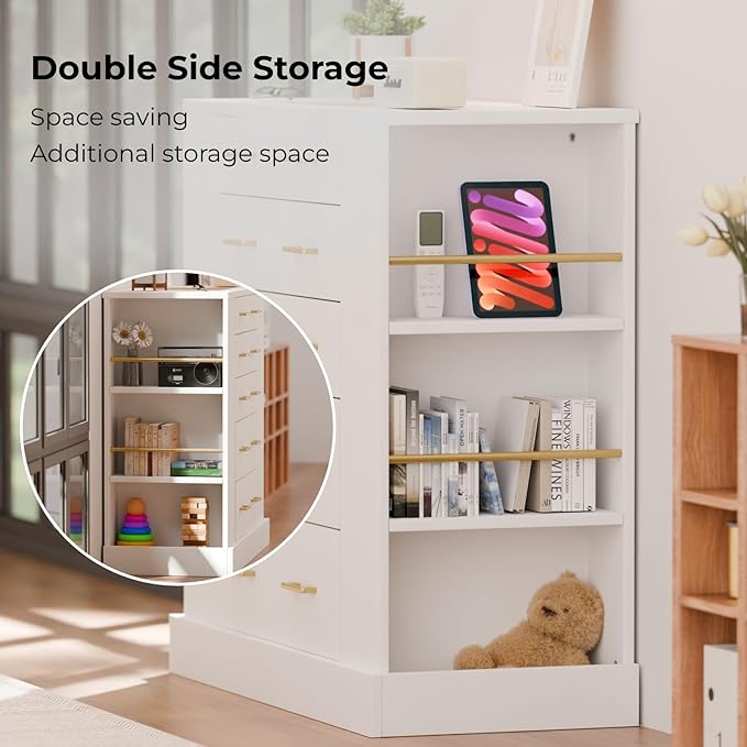 Closet Island with Glass Top, LED Lights and Jewelry Display, Bedroom Island with Open Shelves, Drawers Dresser & Walk-in Closet Island for Bedroom, Cloakroom, White 2