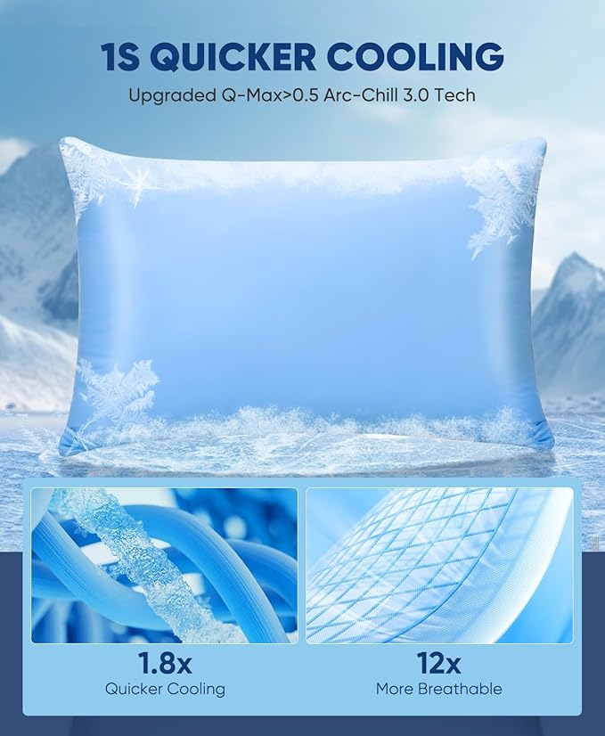 LUXEAR Cooling Pillow Cases, 2 Pack Stretch Arc-Chill Q-max 0.55 Cool Pillowcases Fit Standard & Queen Size Pillows, Protecting Hair & Skin, Gifts for Women & Men, Hot Sleeper, Night Sweat - Blue