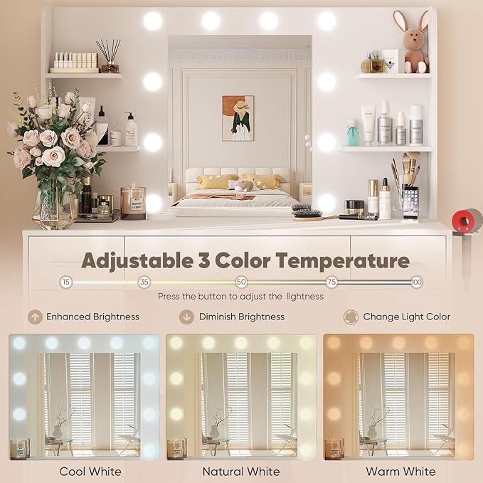 DUMOS Vanity Desk Makeup with Mirror LED Lights, Table with Power Outlet 3 Drawer, 4 Storage Shelves & 2 Cabinets, 3 Lighting Modes & Adjustable Brightness, Dressing Tables for Bedroom, White