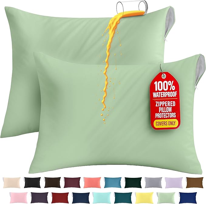 Utopia Bedding Premium 100% Waterproof Pillow Protectors with Zipper Queen Size (Set of 2), Bed Bug and Dust Mite Proof Zippered Pillow Covers, Pillow Encasement Cases, Sage