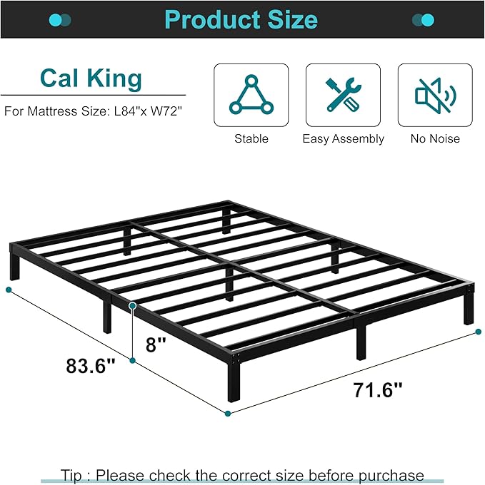 Maenizi 8 Inch Cal King Bed Frame No Box Spring Needed, Heavy Duty California King Metal Platform Support Up to 3000 lbs with Steel Slat, Easy Assembly, Noise Free, Black