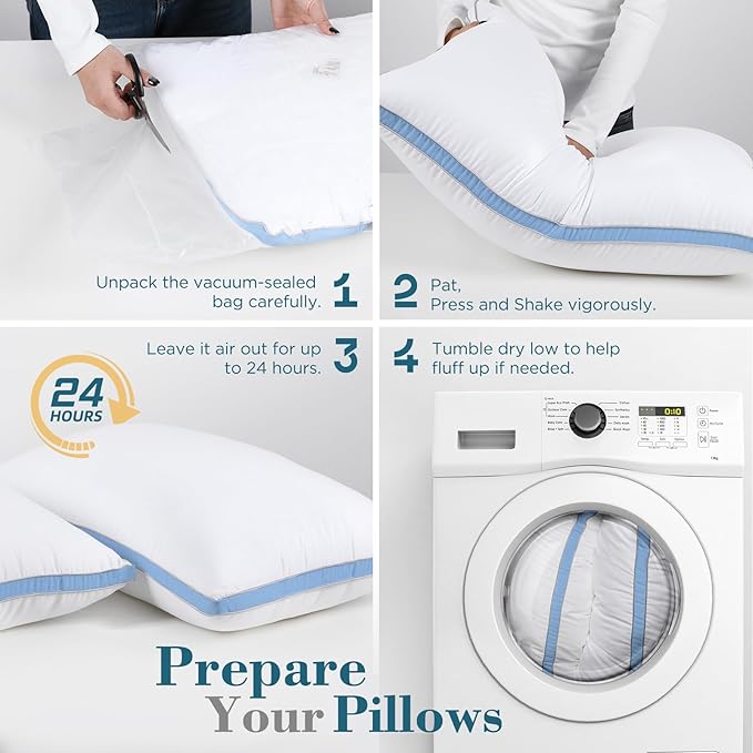 viewstar Bed Pillows Queen Size Set of 2, Firm Support Down Alternative Gusseted Pillows for Side, Back, or Stomach Sleepers, Light Blue