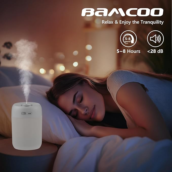 Portable Small Humidifier, 650ml Colorful Mini Humidifier, 7 Colors&Warm Light, Humidifiers for Bedroom, Office, Dsektop(White)