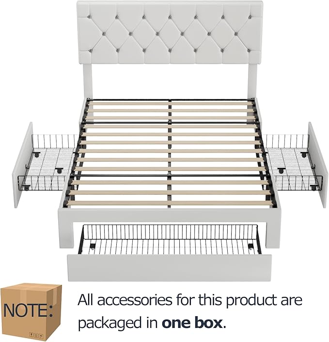 VECELO Queen Size Bed Frame with 3 Storage Drawers, Leather Upholstered with Diamond Tufted Headboard, Solid Wood Slat Support & Steel Framework, PU & White