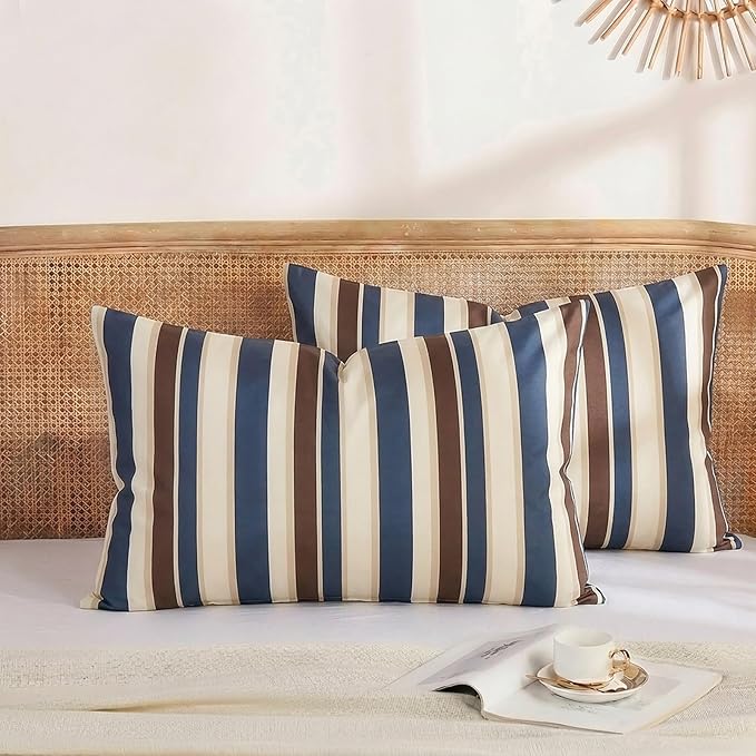 Merryword 100% Cotton Pillow Cases, King Size Pillowcases, Blue Striped Pillowcases, Luxury Linen Like Pillowcase, Soft Breathable Cabana Stripes Pillow Covers, Set of 2