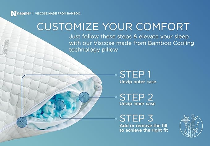 Nappler Cooling Pillow for hot Sleepers -Bed Pillows Standard Size Premium Set of 2 - Adjustable Shredded Memory Foam - Medium to Firm Pillows for Back, Stomach & Side Sleepers - Washable Cover