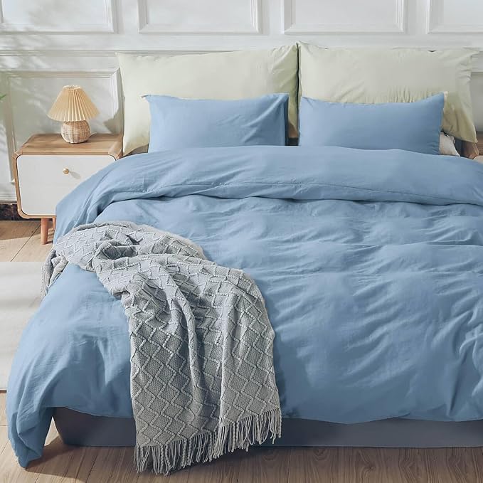 NEXHOME PRO Duvet Cover Set 100% Washed Cotton Full Size Linen Feel Textured Organic Natural 3 Pieces Bedding Set Royal Navy Klein Blue with Zipper Closure and Corner Ties, Breathable