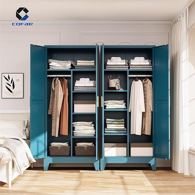 COFaR Metal Wardrobe Closet with Doors, 71'' Tall Steel Bedroom Armoire with Adjustable Hanging Rod and Shelves, Broom Closet Storage Cabinet for Garage Laundry Office, Farmhouse Peacock Blue