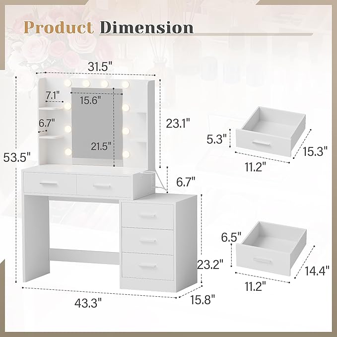 YESHOMY Makeup Vanity Desk with Mirror & Lights, Vanity Table with 5 Drawer, 6 Shelves, Charging Station for Bedroom, Dressing Room, Milk White