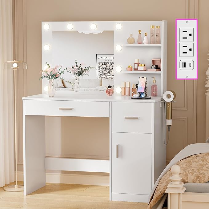JUMMICO 35.4" Vanity Desk with Mirror and Lights - LED Makeup Vanity Table with Charging Station, 3 Color Adjustable Lights, 3 Drawers & Large Cabinet with Shelves for Bedroom Dressing Room (White)