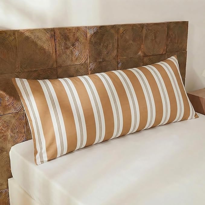 Merryword Striped Body Pillow Cover 20x54inches, 100% Cotton Long Pillowcase, Khaki Striped Pillowcase, Soft Breathable Stripe Pillowcase, 1-Piece