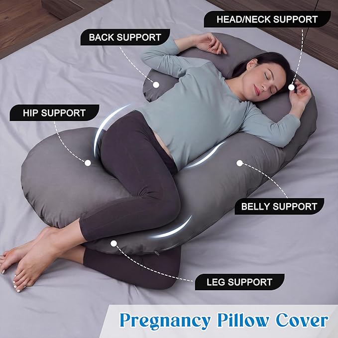 Hahafelt Cooling Pregnancy Pillow Cover (Only Pillowcase) 59 Inch Large C Shaped Full Body Pillowcase Maternity Stretchy Soft Breathable Cool Pillow Cover with Zipper for Side Sleeper (Dark Gray)