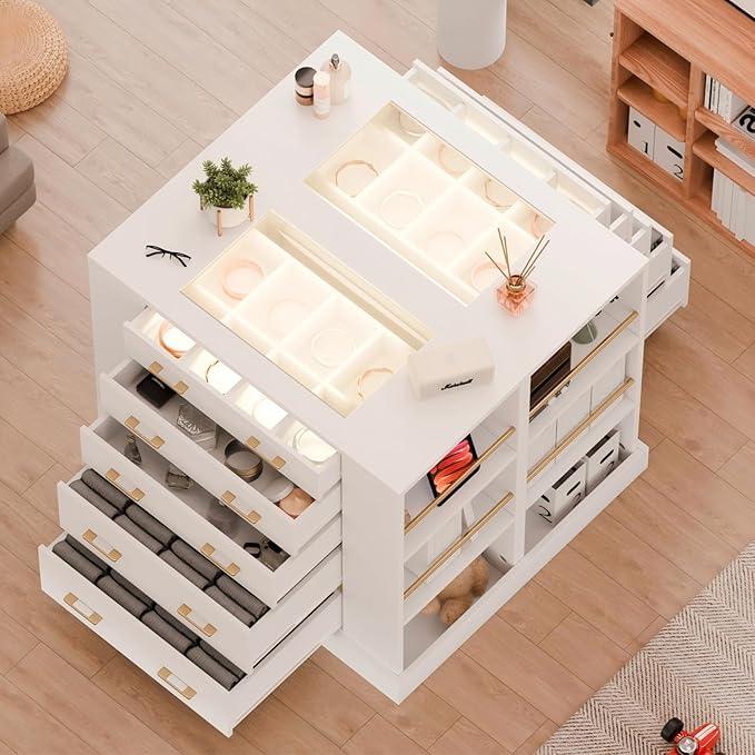 Closet Island with Glass Top, LED Lights and Jewelry Display, Bedroom Island with Open Shelves, Drawers Dresser & Walk-in Closet Island for Bedroom, Cloakroom, White 2