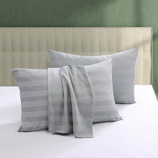 100% Egyptian Cotton Pillow Protectors Set of 2, 600 Thread Count Queen Size Bed Pillow Cases with Zipper, Sateen Weave Cooling Pillow Cases Quiet and Breathable Easy Care (2PCS, Striped Gray)