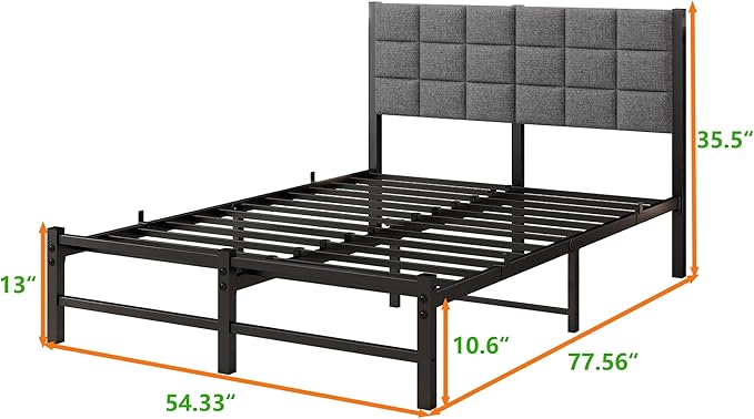 Full Size Bed Frame with Headboard,Metal Full Bed Frame with Under Bed Storage,No Box Spring Needed,Easy Assembly,Grey