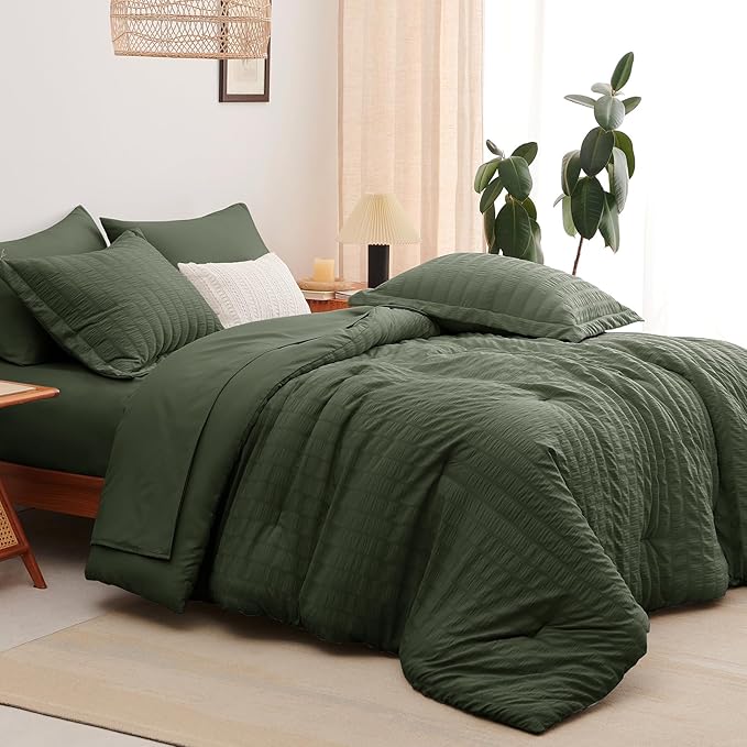 CozyLux Queen Comforter Set Dark Green Seersucker 7 Pieces Bed in a Bag Queen Comforter Set with Sheets, Luxury Bedding Set with Down Alternative Comforter, Sheets, Pillowcases & Shams All Seasons