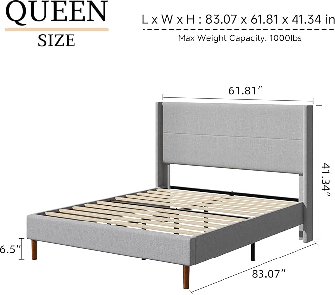 Queen Size Bed Frame, Linen Upholstered Platform with Wingback Headboard, Wooden Slats Support, No Box Spring Needed, Easy Assembly, Lightgrey