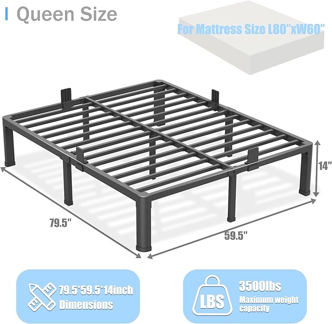 Yitong Angel 14 inch Queen Bed Frame with Round Corner Legs Mattress Slide Stopper,3500 lbs Heavy Duty Metal Platform,Steel Slats Support,No Box Spring Needed,Easy Assembly,Noise Free