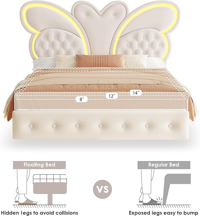 Keyluv Queen Bed Frame Butterfly-Pattern Upholstered Headboard, Modern Floating Bed with LED Lights Button Tufted on Headboard and Footboard, Slats Support No Box Spring Needed, Noise-Free, Beige