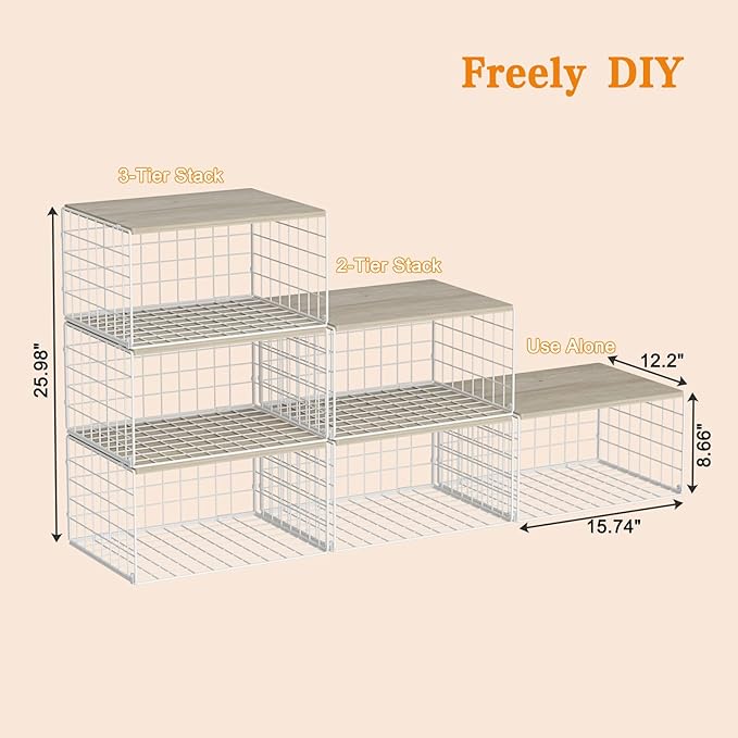 Extra-Long, Low-Profile Closet Organizers and Storage with Wood Top, 3 Pack Stackable Closet Shelf Organizer, Space-Saving Clothes Storage Bin for Wardrobe & Bedroom & Small Spaces, Sturdy (White)