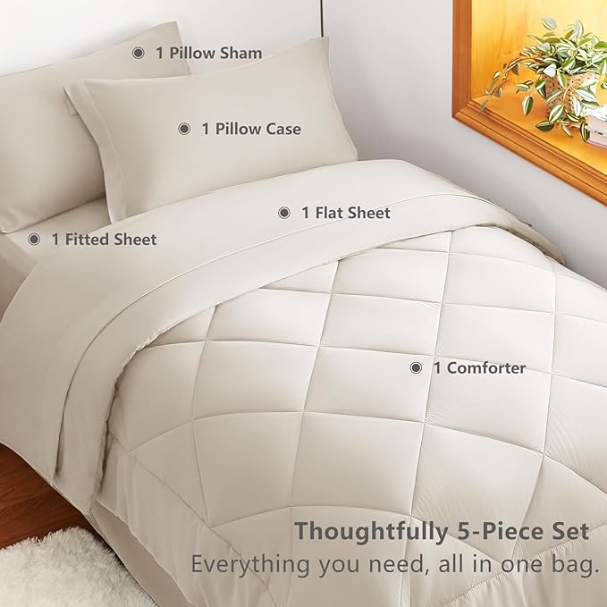 CozyLux Twin XL Comforter Set Beige - 5 Pieces Twin Extra Long Bed in a Bag for College Dorm, All Season Bedding Set for Girls and Boys, Soft Bed Set with Comforter, Sheets, Pillowcase & Sham