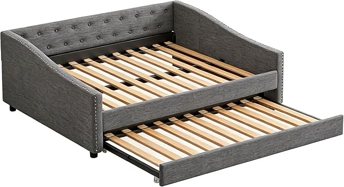 Upholstered Daybed with Trundle, Full Size Day Bed w/Button-Tufted Back and Piping on Waved-Shape Arms for Bedroom or Guest Room, No Box Spring Required, Dark Gray