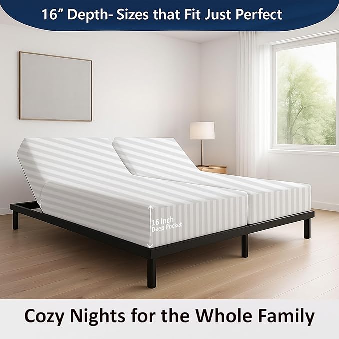 5 Piece Split Cal King Sheet Set, 100% Egyptian Cotton, 16 Inch Deep Pockets, White Stripe, Soft Cooling Sheets for Adjustable Beds, Sleep Number Beds, Split Cal King Mattress Sheet Set