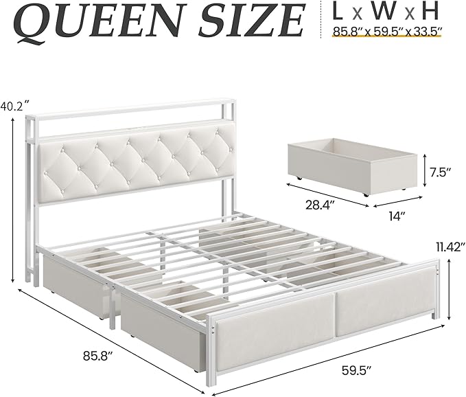 Fluest Queen Bed Frame with Headboard, Storage Drawers, Fast Charging Station, Led Lights, Bed Frame Queen Size with Fabric Drawers, Metal Structure, No Box Spring Needed, Easy Assembly, Beige