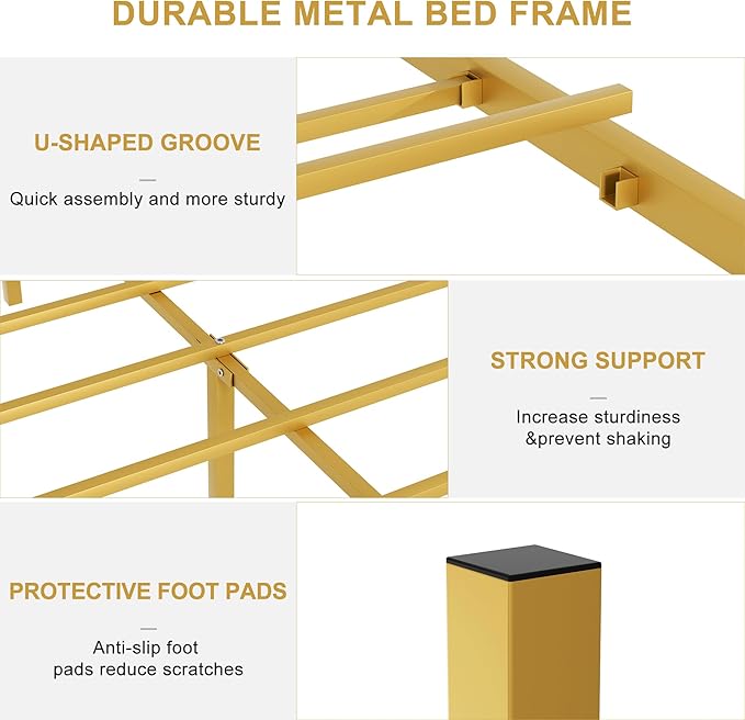 VECELO Full Size Bed Frame with Headboard and Footboard, Heavy Duty Metal Slat Support, Platform Mattress Foundation, No Box Spring Needed, Easy Assembly, Gold