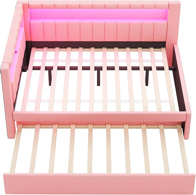 Merax Full Size Modern Upholstered Platform Bed with USB Ports & Trundle Bed, Floor Daybed with Wood Slat Support, Storage Bed Frame with Headboard/Full, Pink