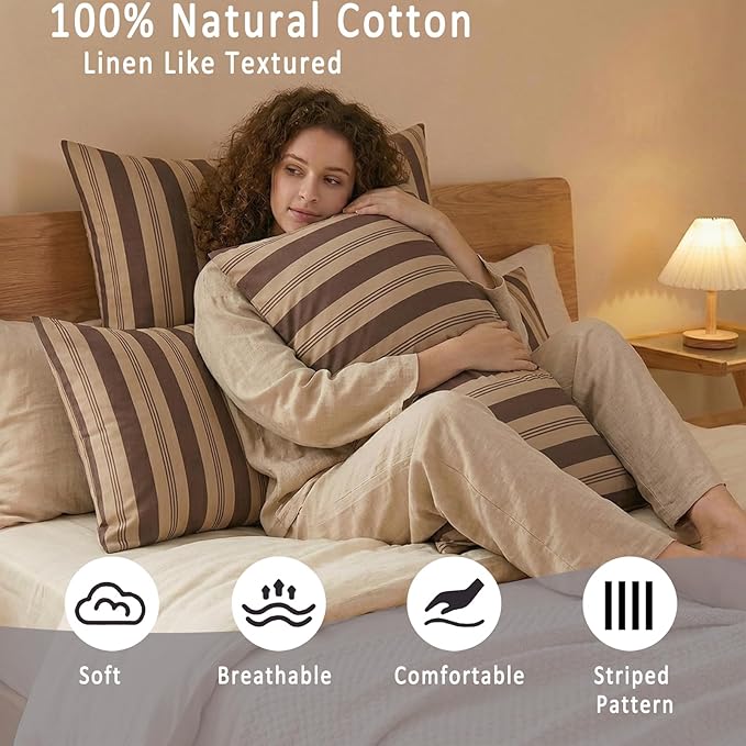 Merryword Brown Striped Pillowcases, 100% Cotton Pillow Cases, Standard Size Pillowcases, Luxury Linen Like Pillowcase, Soft Breathable Stripe Pillow Covers, Set of 2