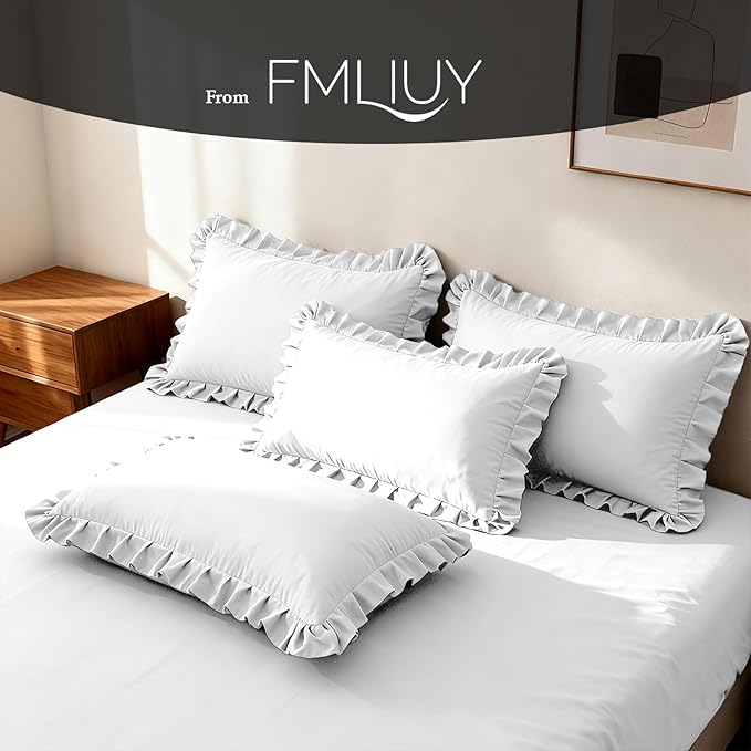 Ruffled Body Pillow Pillowcases Set of 2 – Soft Wrinkle Resistant Brushed Microfiber Body Pillowcases –Envelope Pillow Shams Festive Gift for Hotels, Guest Rooms 20x54 Inch (White)