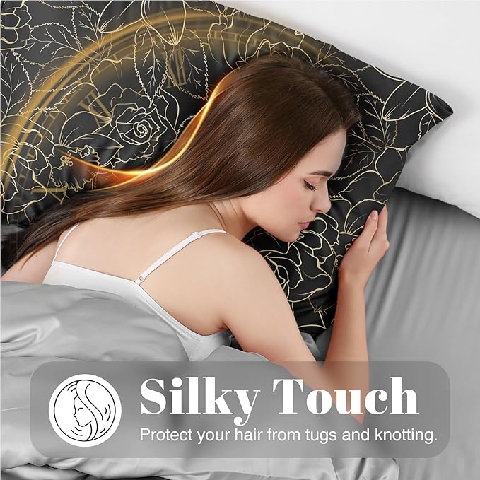 EXQ Home Satin Body Pillowcase for Hair and Skin- Rose on Black Silk Long Pillowcase 20x54 inches - Satin Pillow Cases with Envelope Closure, Gifts for Women