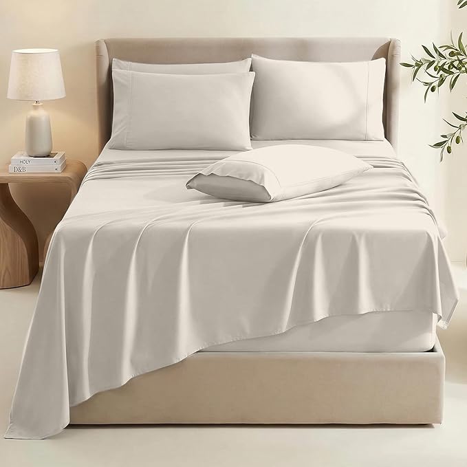 Hearth & Harbor Bed Sheets, Luxury Soft 6 Piece Bed Sheet Set Extra Deep Pocket Fitted Sheets Fits Mattress up to 21", Double Brushed Bedding Sheets & Pillowcases, Twin, Natrual Linen