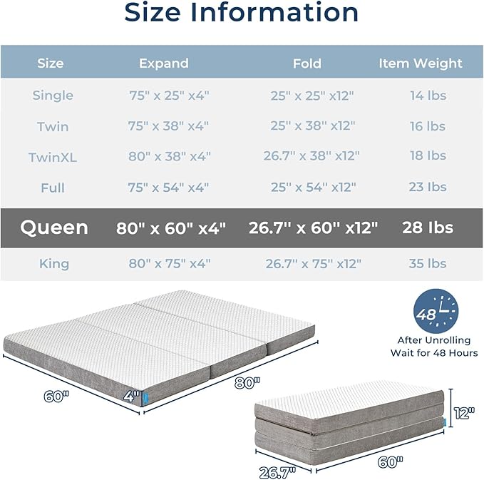Odorless Foldable Mattress Queen Size 80" x 60" x 4", 4 Inch Folding Foam Mattress with Storage Bag, Fiberglass Free Trifold Memory Foam Mattress for RV, Guest Bed