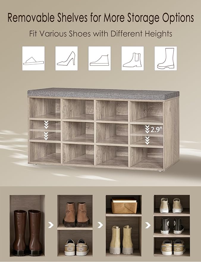 DINZI LVJ Shoe Storage Bench with Cushion, Cubby Rack with 12 Cubbies, Adjustable Shelves, Multifunctional Organizer Bench for Entryway, Mudroom, Hallway, Closet and Garage, Greige