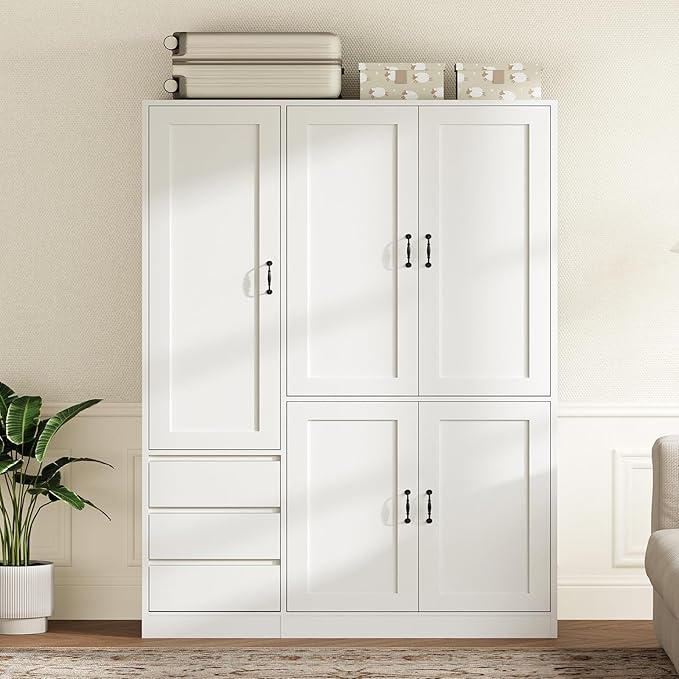 RALGEND Armoire Wardrobe Closet with 3 Drawers, 5 Doors Wardrobe Cabinet for Bedroom, 70.9" Bedroom Armoire with Hanging Rod, Large Capacity Storage Wardrobe Armoire, Clothing Storage Closet, White