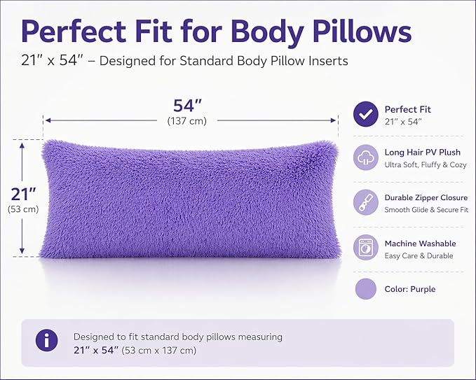 Reafort Luxury Faux Fur Body Pillow Cover 21" x 54", Long Hair PV Plush Body Pillow Case with Hidden Zipper Closure, Ultra Soft Fluffy Decorative Long Pillow Cover (Lilac, Body)
