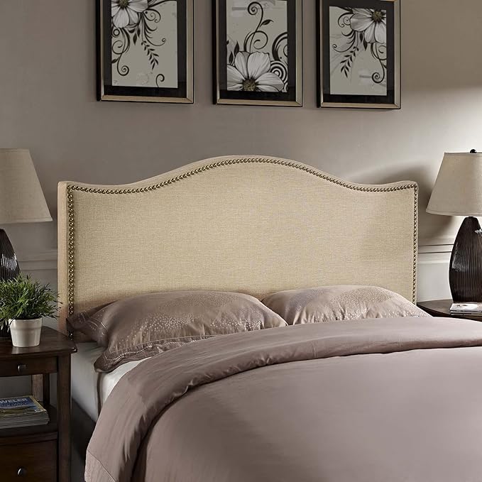 Modway Curl Linen Fabric Upholstered Queen Headboard with Nailhead Trim and Curved Shape in Café