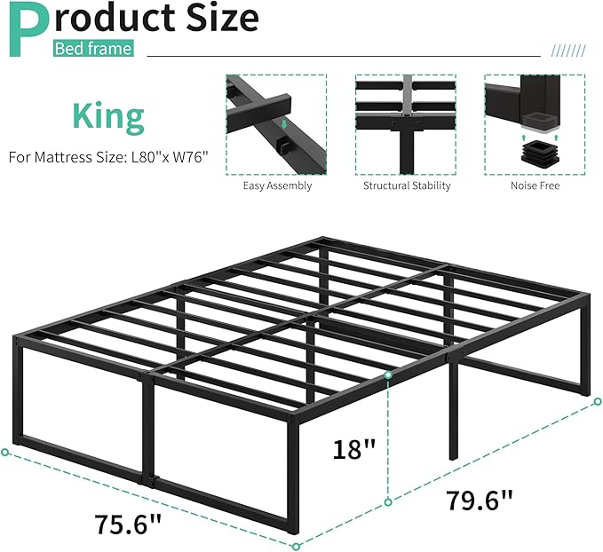 Lutown-Teen 18 Inch King Bed Frame Sturdy Mattress Foundation, Heavy Duty Metal Platform with Steel Slats Support No Box Spring Needed, Noise Free, Easy Assembly, Black