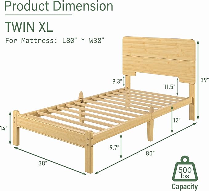 BOSRII 12in High Solid Bamboo Wood Platform Twin XL Bed Frame with Headboard, Reinforced Heavy Duty Metal Slats, Noise Free, No Box Spring Needed, Easy Assembly