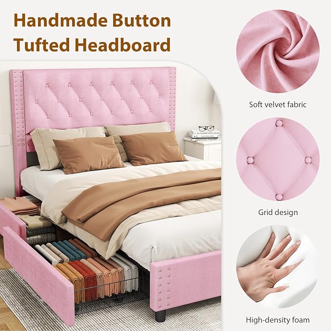 EVLIQUIL Bed Frame Queen Size with 4 Storage Drawers, Upholstered Headboard & Frame, Sturdy Metal Frame & Wood Slats, Platform Bed Frame No Box Spring Needed, Easy Assembly, Pink