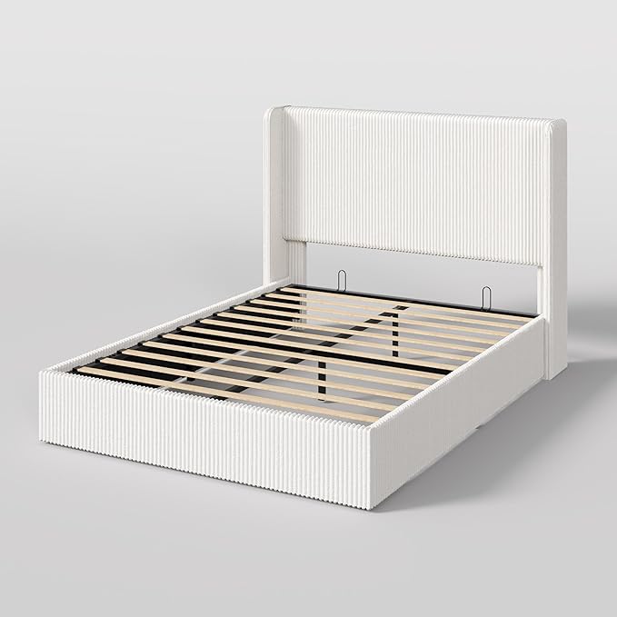 SHA CERLIN Full Size Lift Up Storage Bed Frame, Modern Upholstered Wingback Headboard, Hydraulic Support & Underneath Storage, Soft Corduroy Fabric Platform Bed, No Box Spring Needed, White