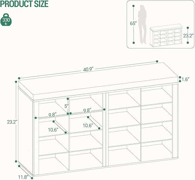 Hzuaneri Shoe Bench with Cushion, Entryway Storage Bench with 16 Cubbies, Cubby Shoe Rack with Adjustable Shelves, Shoe Organizer Cabinet for Living Room, Bedroom, Entryway, White SB25603GY
