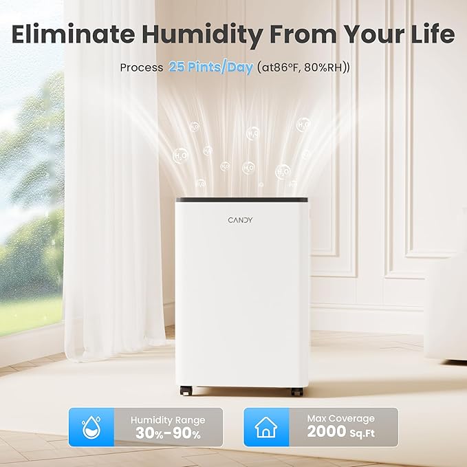 Candy 2000 Sq.Ft Dehumidifiers for Home, 34 Pints Portable Dehumidifier With Continuous/Auto Mode,0.66 Gal Tank, for Bedroom,Bathroom,Basement, Smart Control with Drian Hose Included